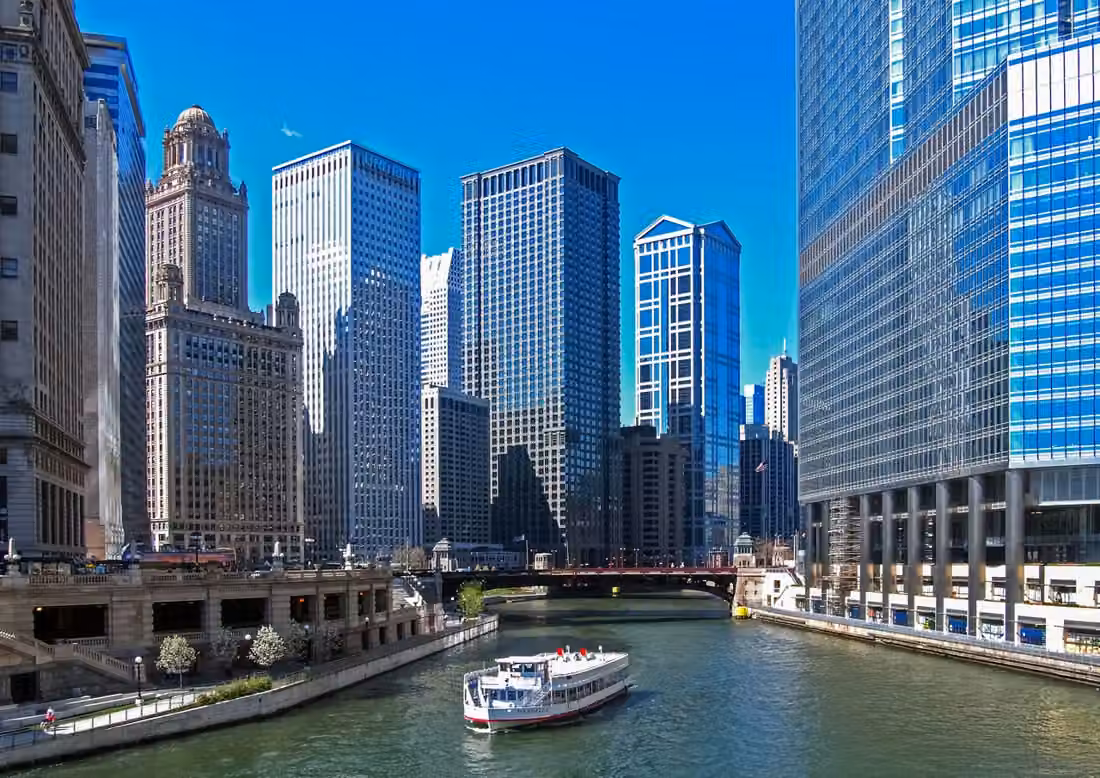 Chicago River boat tours · Cruises from the water to observe city buildings.