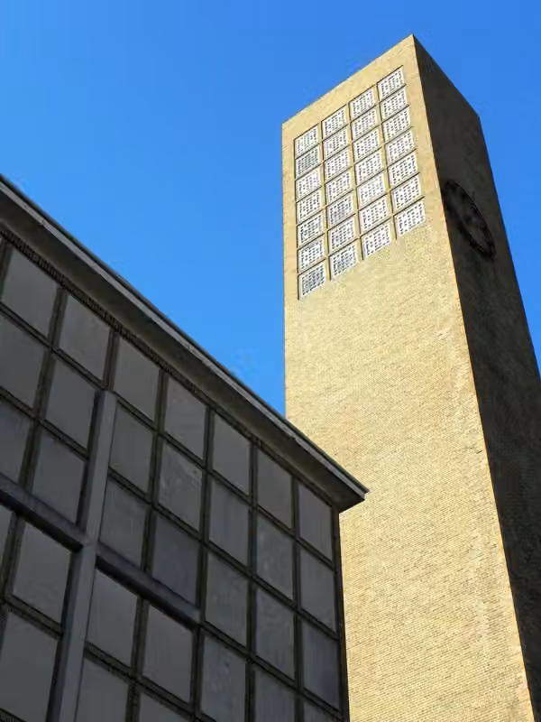 Columbus · The bell tower and window grid of First Christian Church